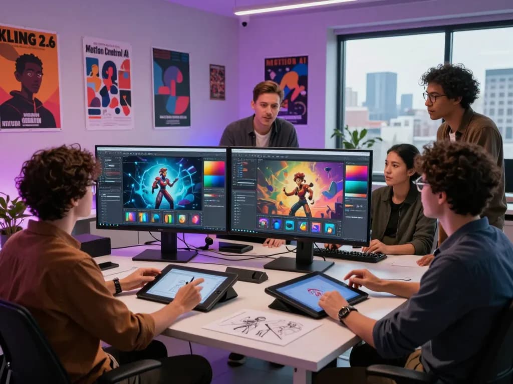 Creative team utilizing motion ai to develop engaging animated visuals in a modern studio.