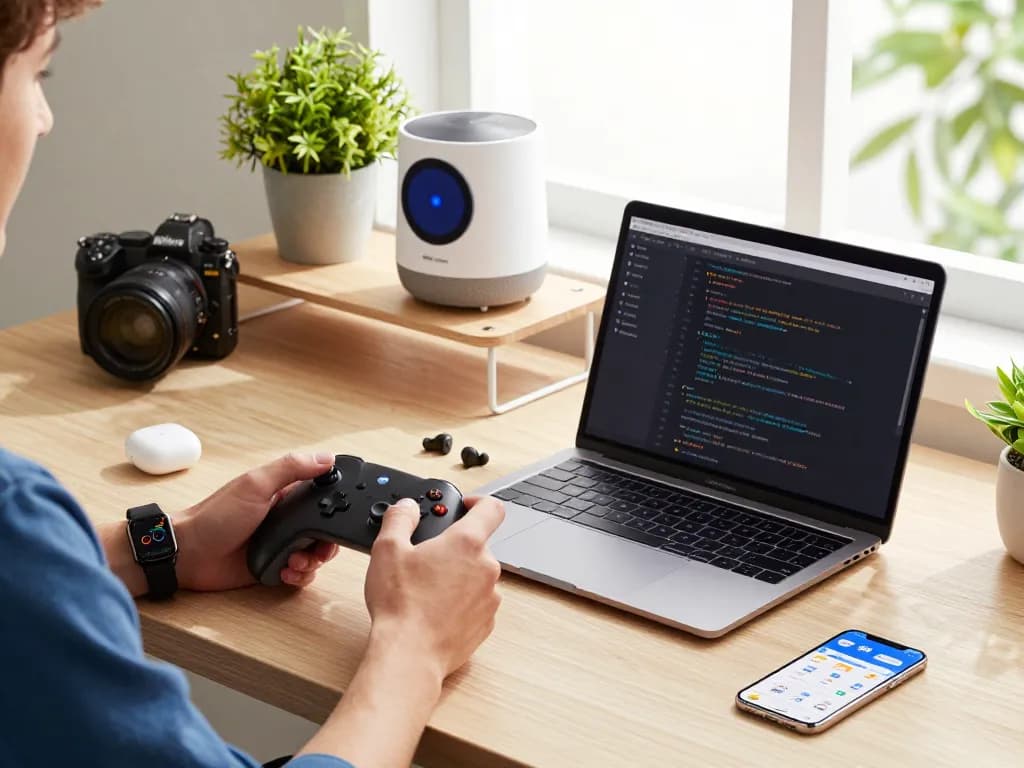 Person using smart tech gadgets, including a Bluetooth game controller and smartwatch, in a bright urban workspace.