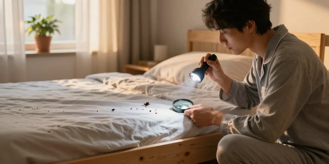 Thorough inspection for bed bug pest control in a cozy bedroom