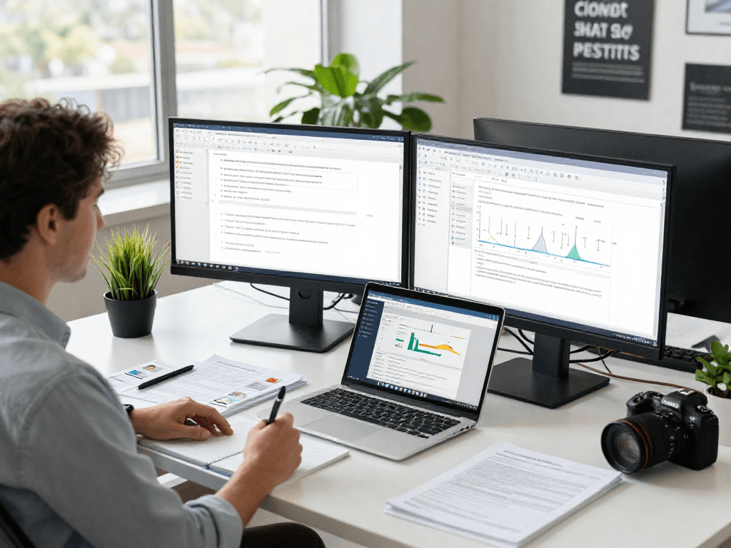 Data analyst focused on document fraud detection with analytical tools in a modern workspace.