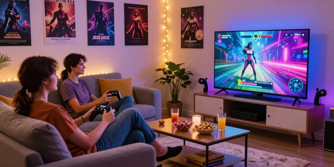 Couple playing sex games online in a vibrant living room.