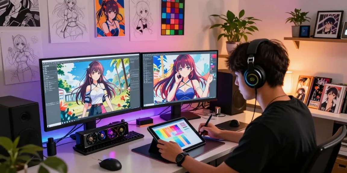 Artist generating stunning ai ecchi characters in a vibrant digital art studio