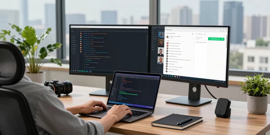 Engaging workspace utilizing WhatsApp電腦版 with dual monitors and modern accessories.