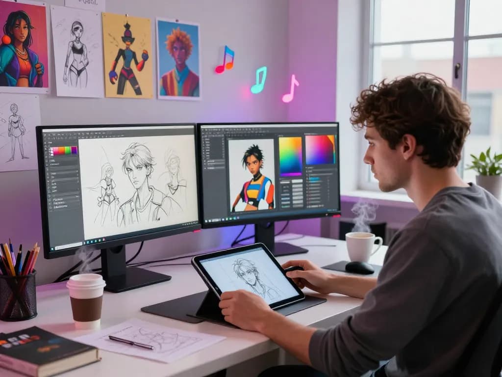 Creating NSFW AI digital art in a vibrant studio environment, showcasing creativity and innovation.