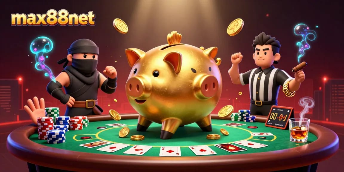 Engage with max88net's vibrant 3D casino scene featuring dynamic characters and poker elements.
