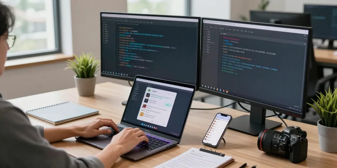 使用搜狗输入法的用户在现代工作空间中高效打字，背景有电脑显示屏和绿色植物。
