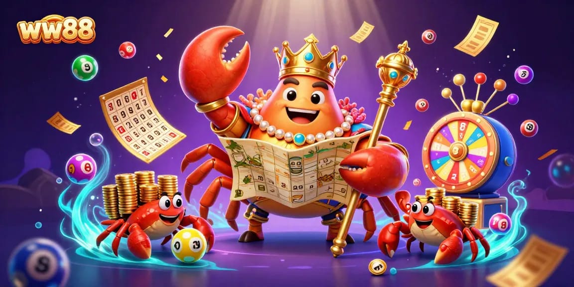 Engage with ww88's vibrant gaming world featuring a golden crab emperor and lottery elements.
