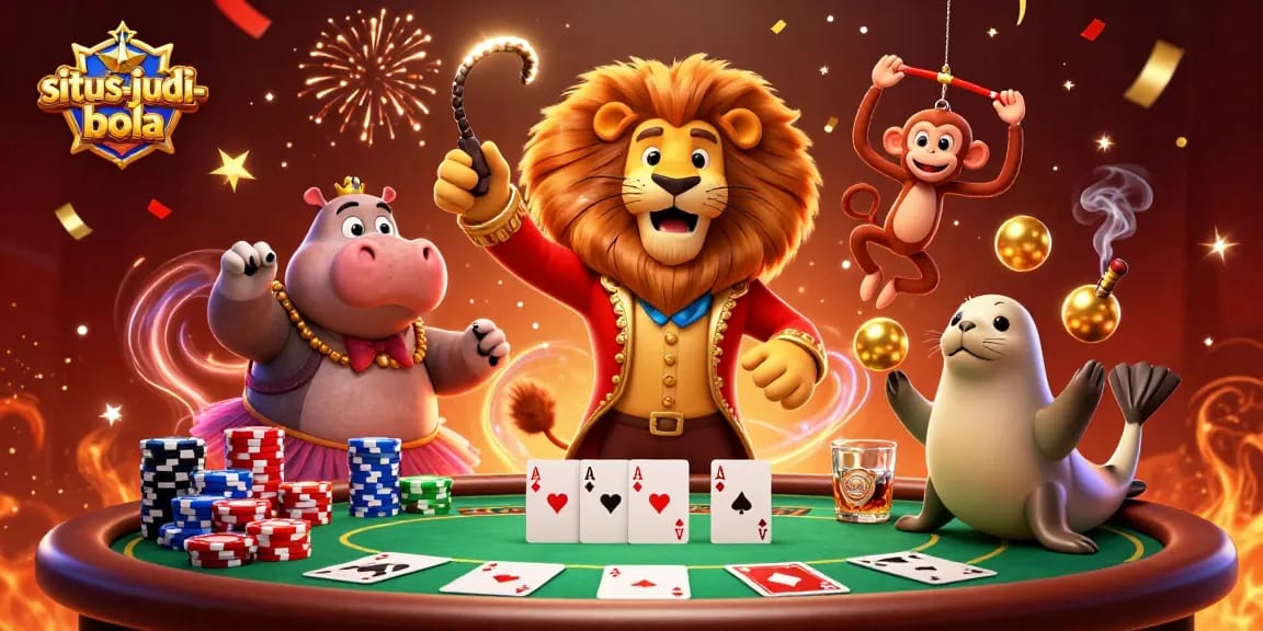situs-judi-bola showcases lively gambling action with 3D characters amidst a festive poker scene.