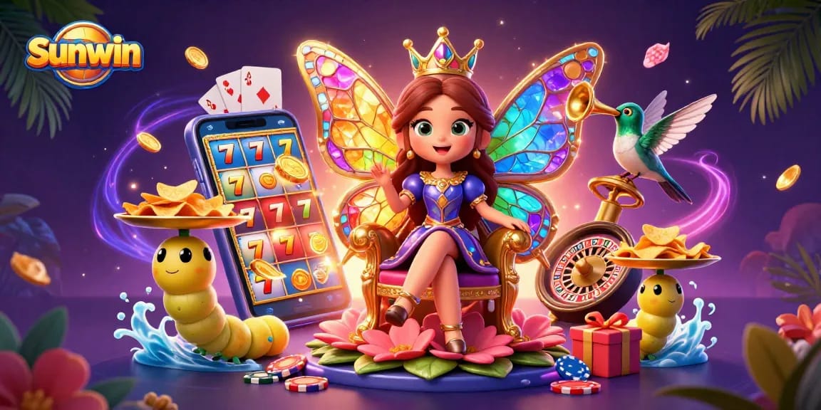 Enjoy sunwin's thrilling slots amidst a colorful butterfly kingdom filled with gold coins and games.
