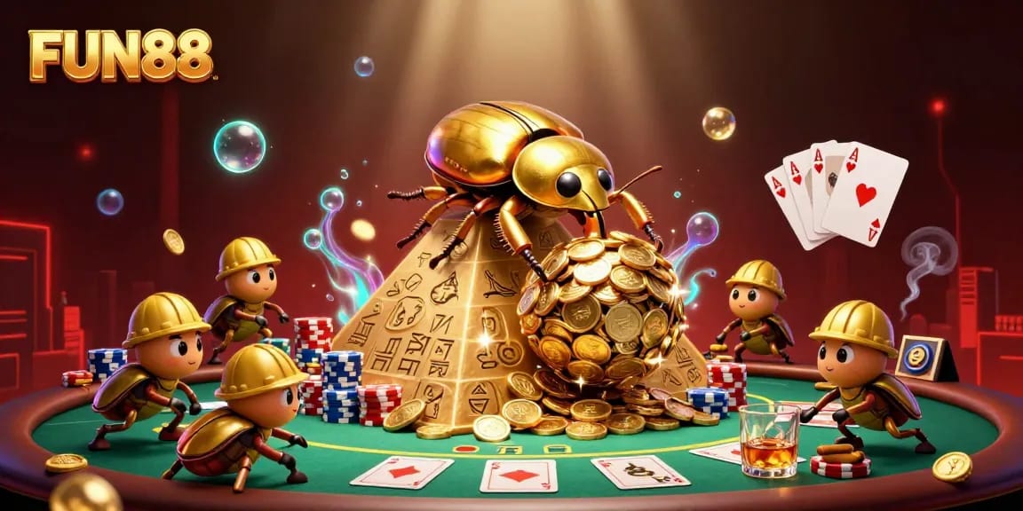 Experience FUN88 with vibrant casino visuals featuring golden coins and poker elements