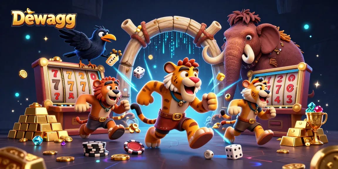 Dewagg showcases a thrilling casino scene with a caveman and sabertooth tiger betting around slot machines.