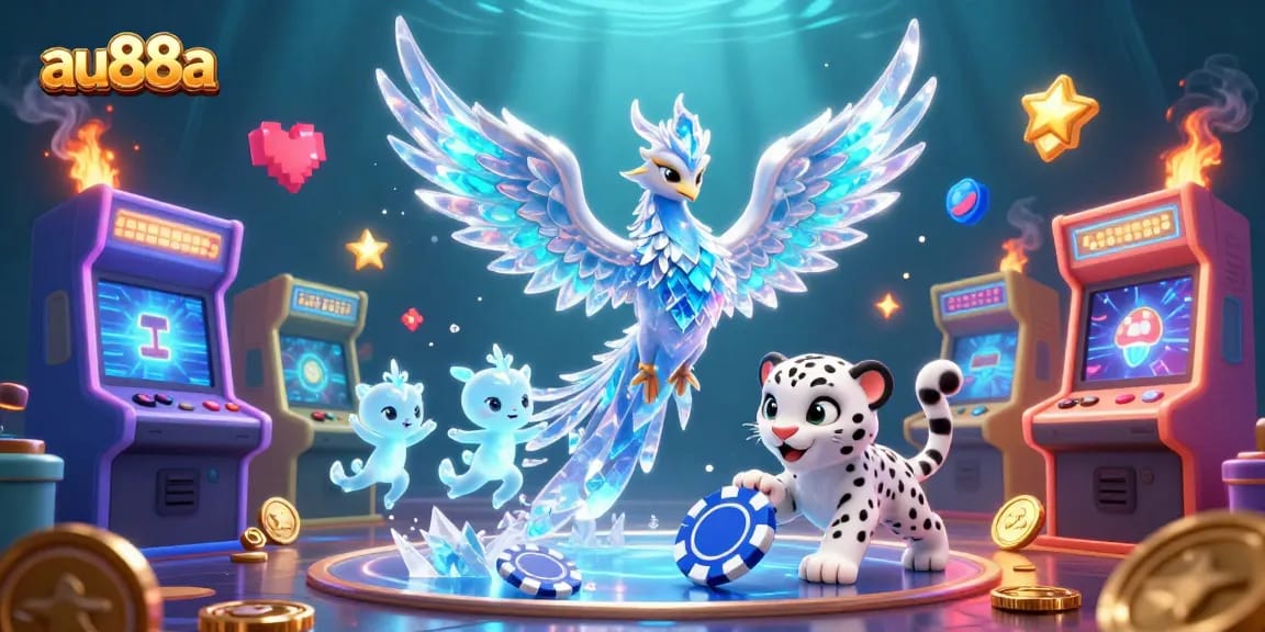Engage in thrilling casino action with au88a's dynamic illustration featuring colorful game elements and animated characters.