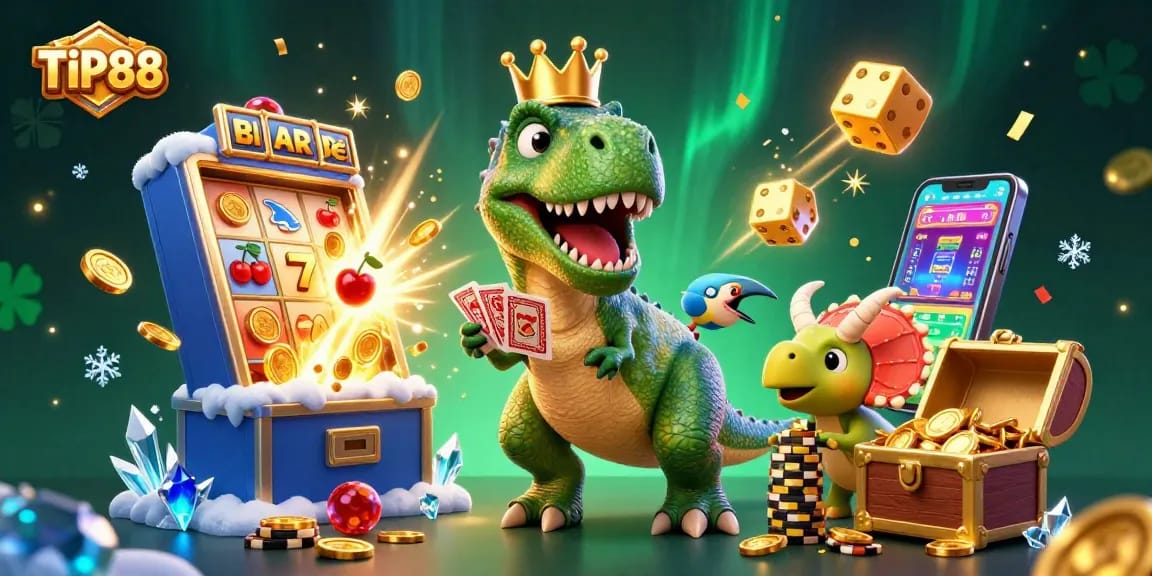 Experience the excitement at TIP88 while the T-Rex shuffles cards and the baby triceratops stacks golden chips.