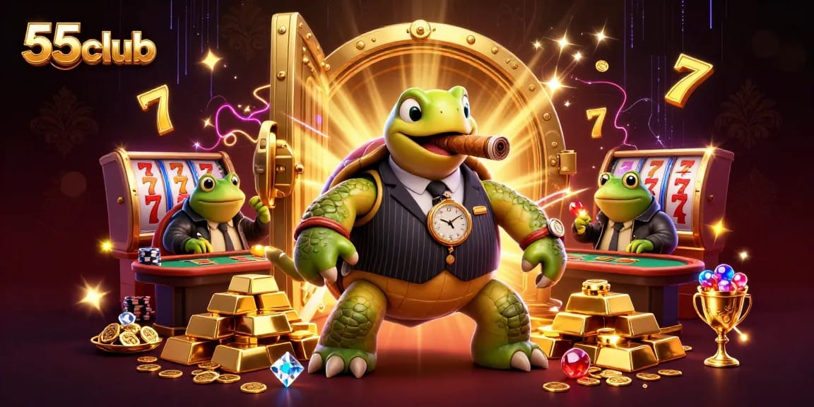 Experience the excitement at 55club with the vibrant casino scene featuring cartoon characters in action.