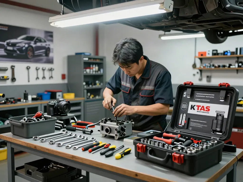 Mechanic using KS Tools in a professional automotive workshop, focused on vehicle repair.