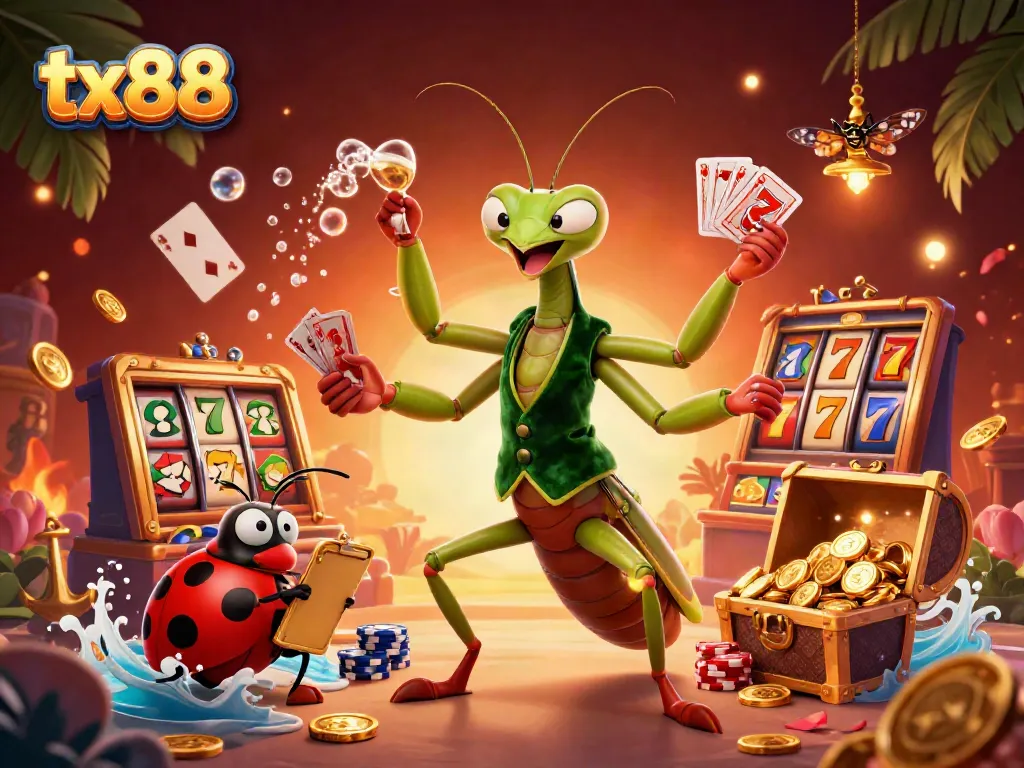 Experience tx88 with excitement and riches at this animated casino scene featuring colorful game elements.