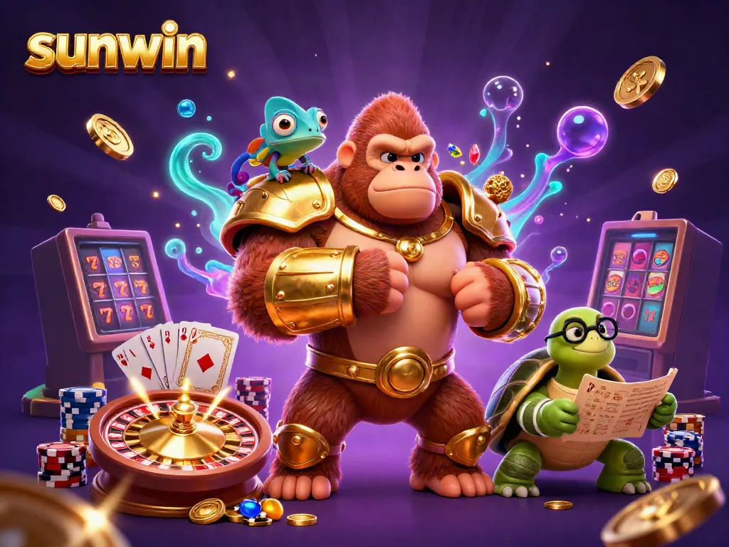 Engage in thrilling gaming with sunwin featuring a powerful gorilla king, colorful treasures, and captivating casino elements