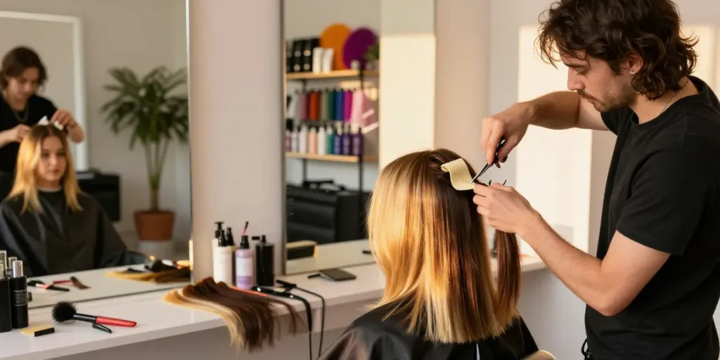 Tape in hair extensions application at a stylish salon with vibrant colors and expert stylist.