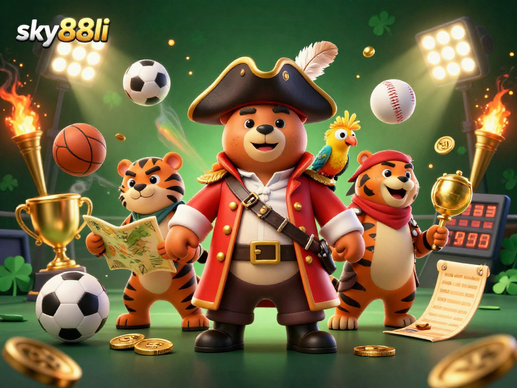 Experience dynamic sports betting action with sky88li's vibrant 3D casino illustration featuring cartoon pirate characters.