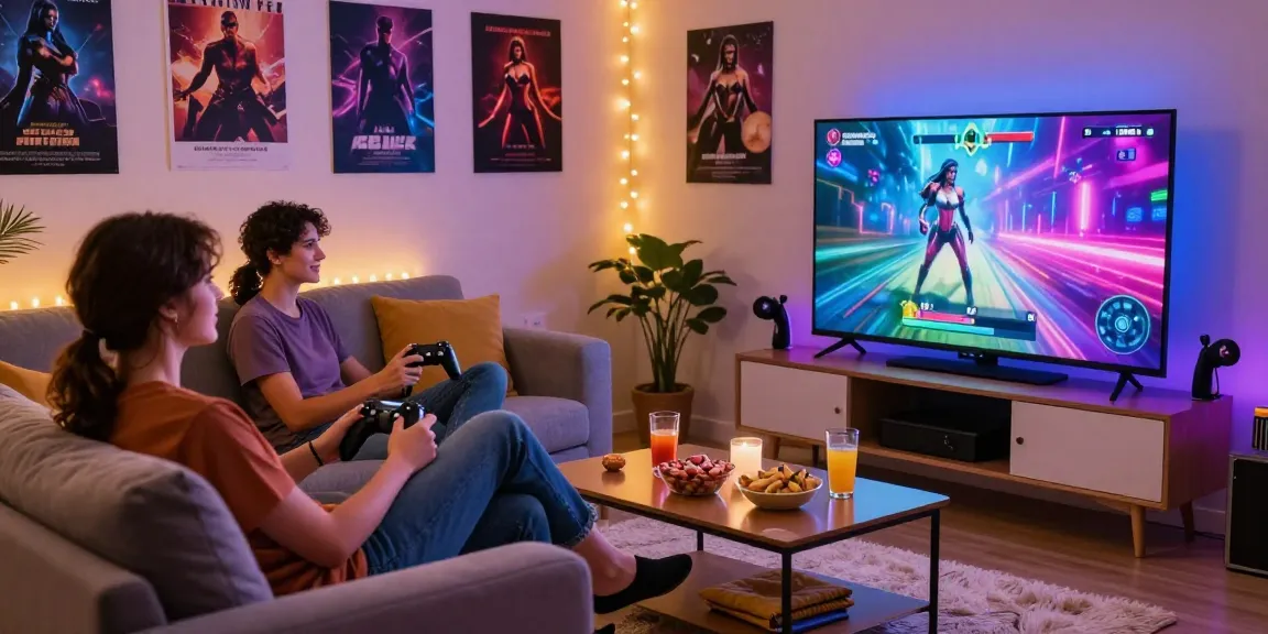 Couple playing sex games online in a vibrant living room.