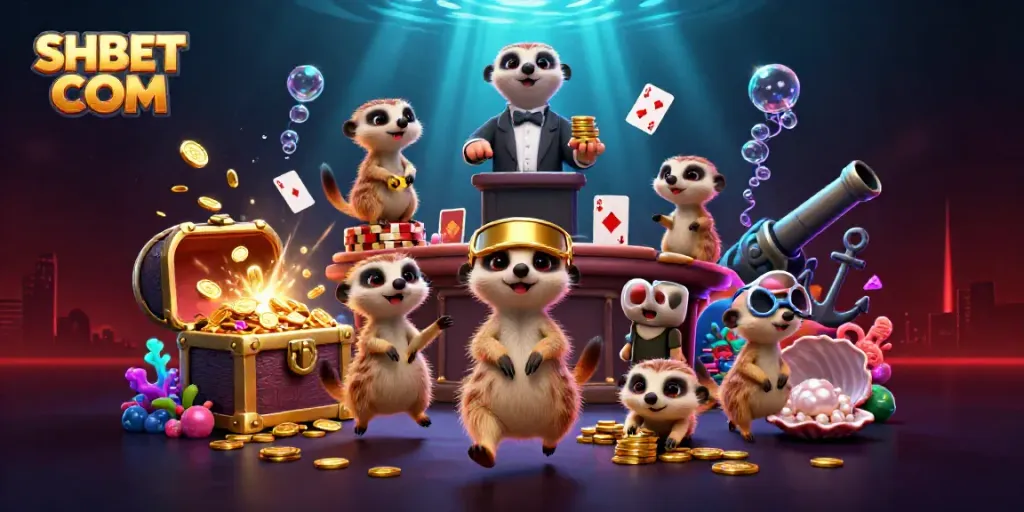 Engage with the lively casino scene at SHBET COM, featuring meerkats in a colorful underwater backdrop.