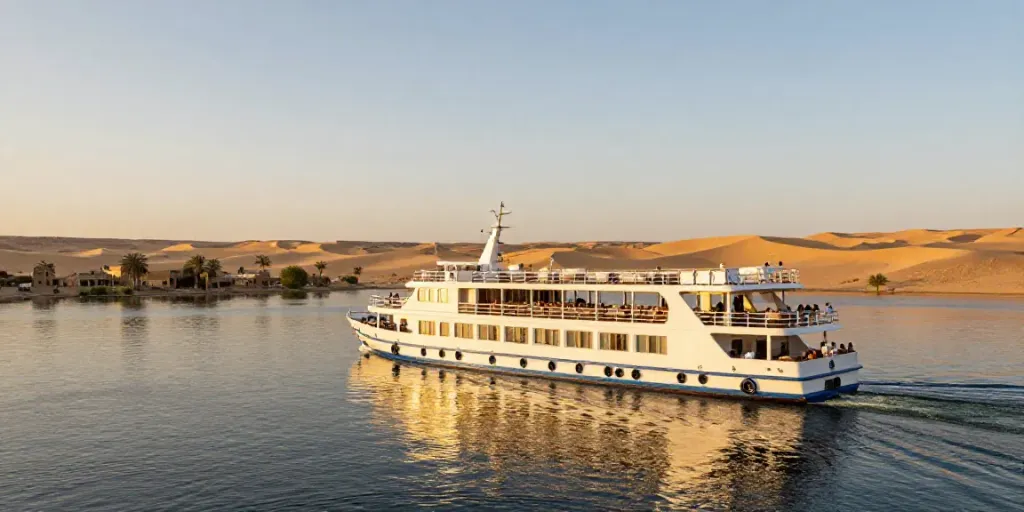 Experience a serene Lake Nasser Cruise with travelers enjoying stunning desert views.