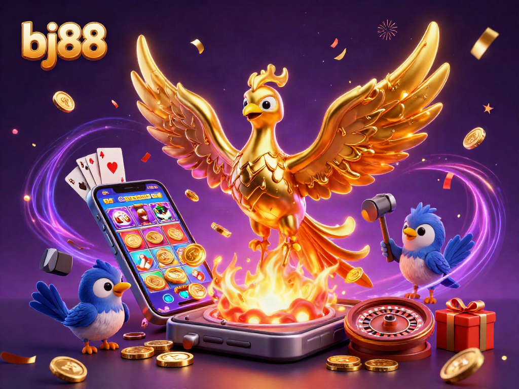 Experience the thrill of bj88 with a glowing molten phoenix amidst colorful casino elements.