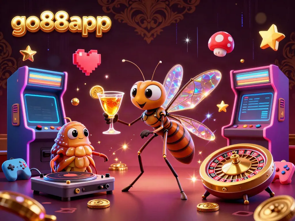 Engage with go88app featuring a 3D mascot in a vibrant casino setting, showcasing thrilling game elements.