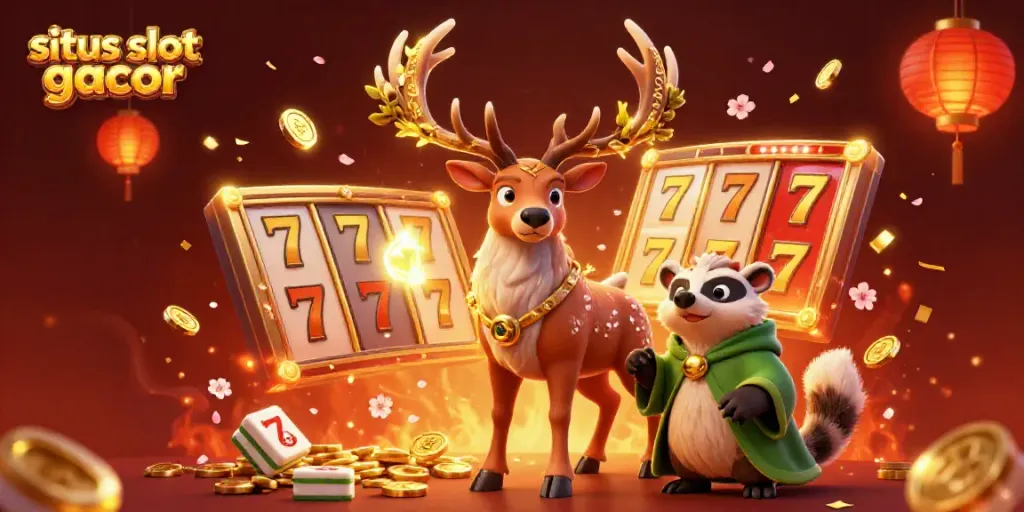 Engage with the vibrant world of situs slot gacor as a druid stag and badger celebrate wins amid slot reels and gold coins.
