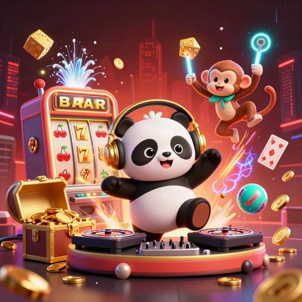 DJ panda, dancing monkey, and glow-stick kitten amid casino loot and neon energy.