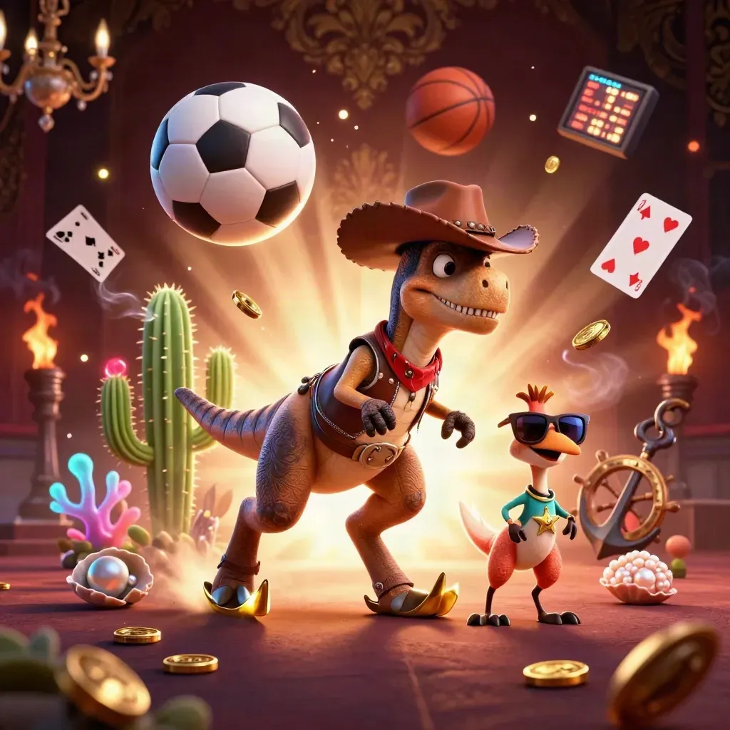 Cowboy T-Rex, cactus, and roadrunner amid treasure, balls, and casino light.