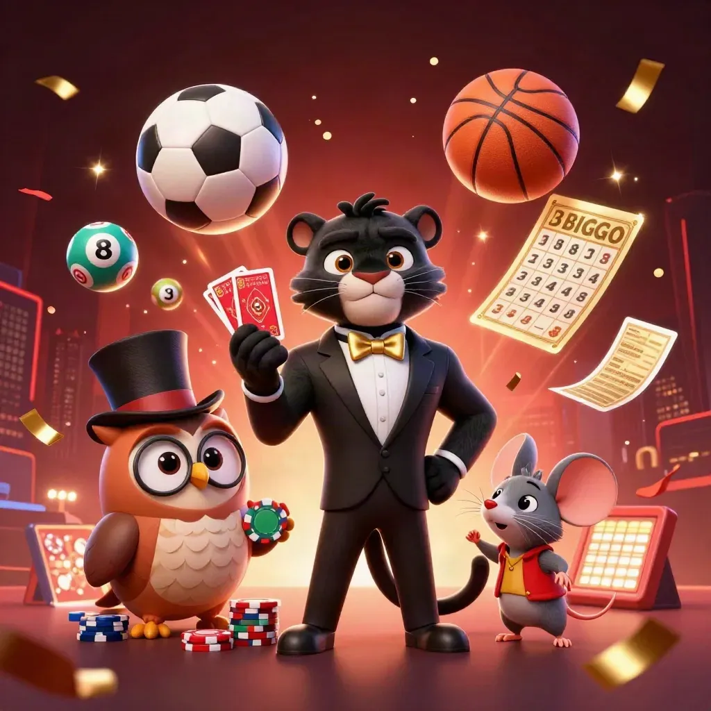 Panther, owl, and mouse amid flying chips, lottery balls, and casino lights.