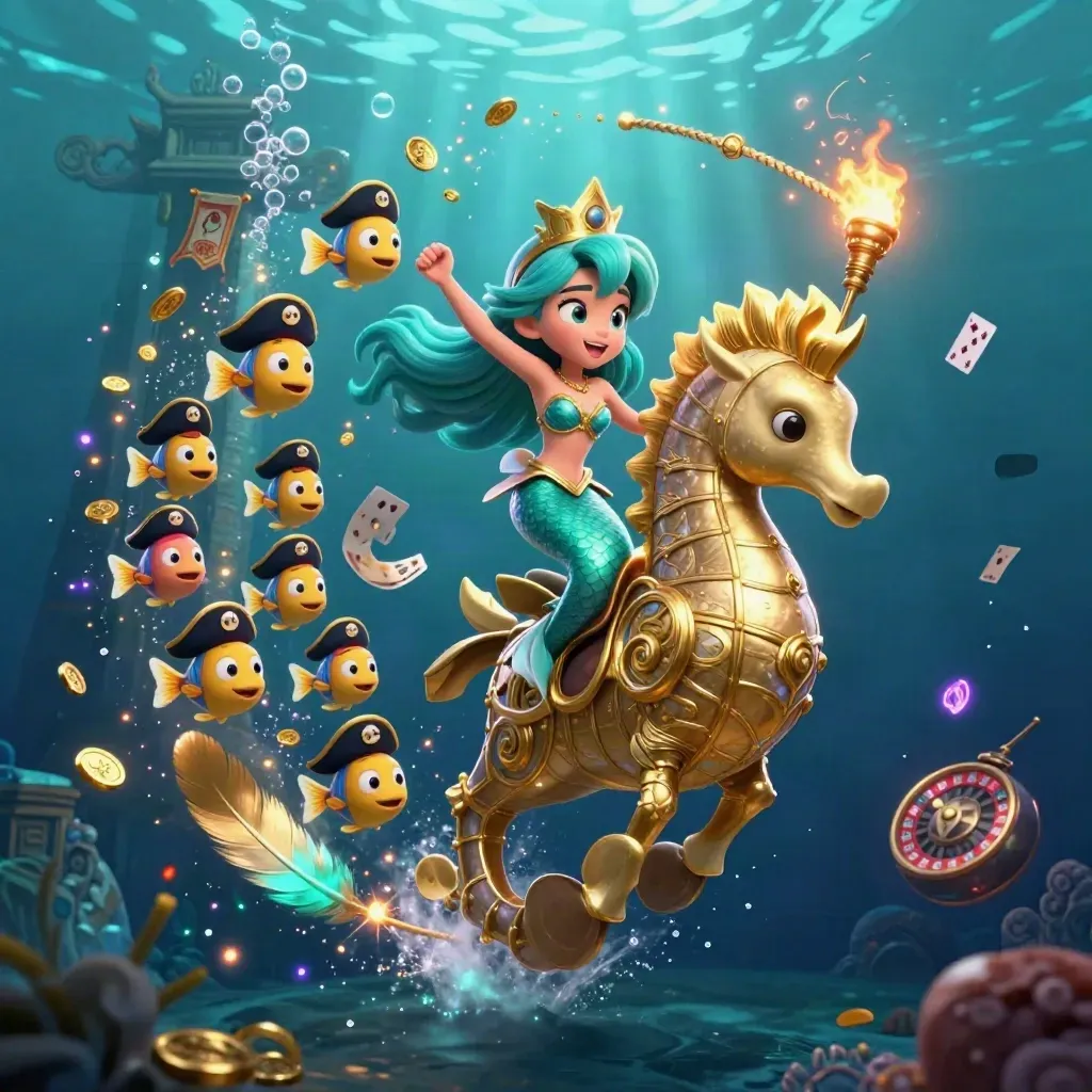 Mermaid princess on armored seahorse with pirate fish, coins, temple gate and cyan glow underwater