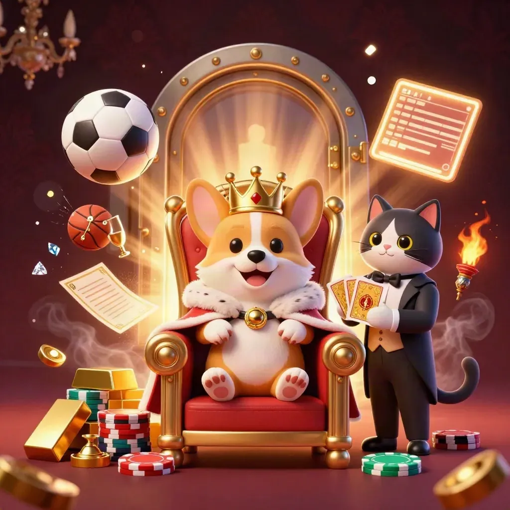 Royal corgi and cat butler amid a soccer-ball blast, vault light, gold, and chips