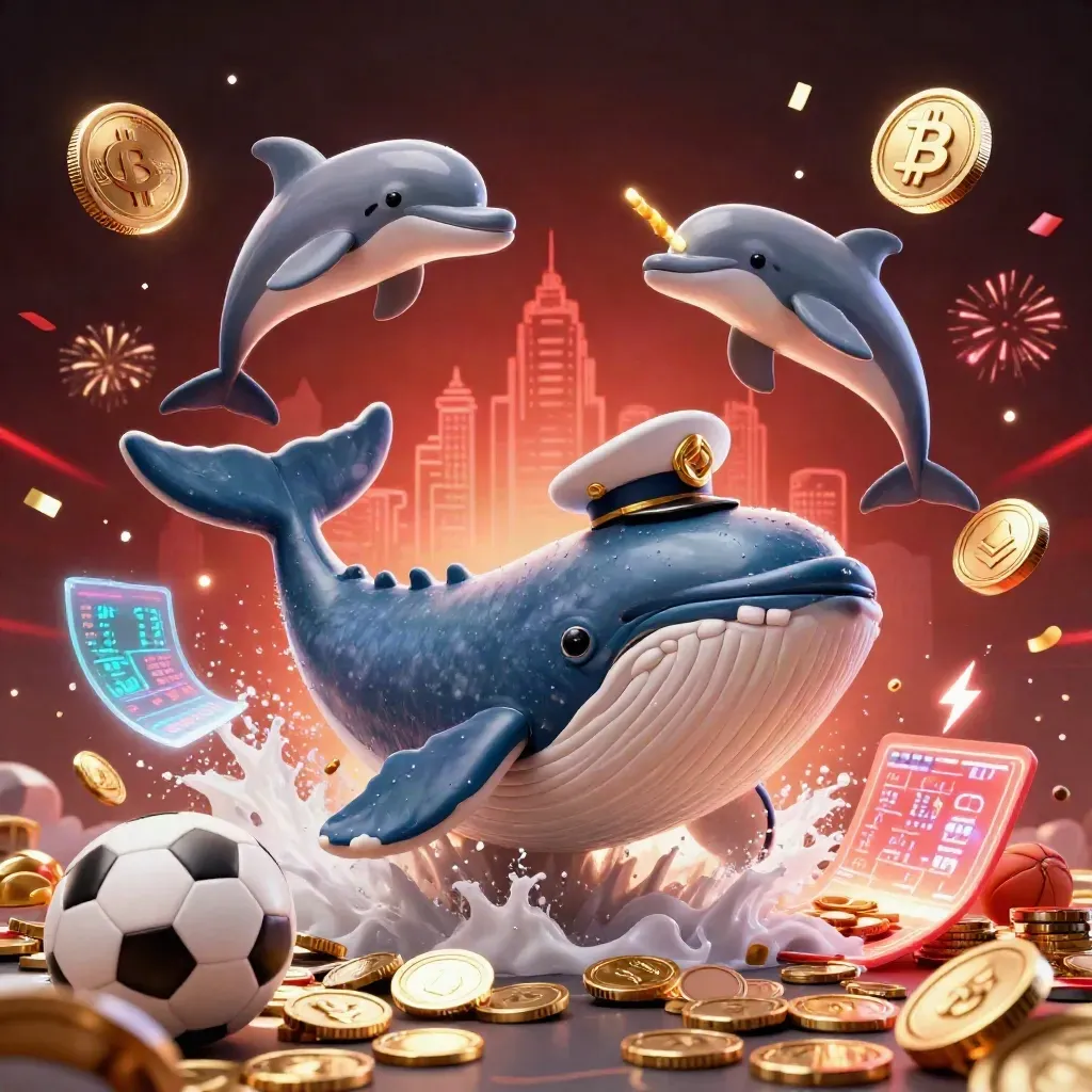 Whale captain, narwhal and dolphins burst through coins with glowing crypto sports props.