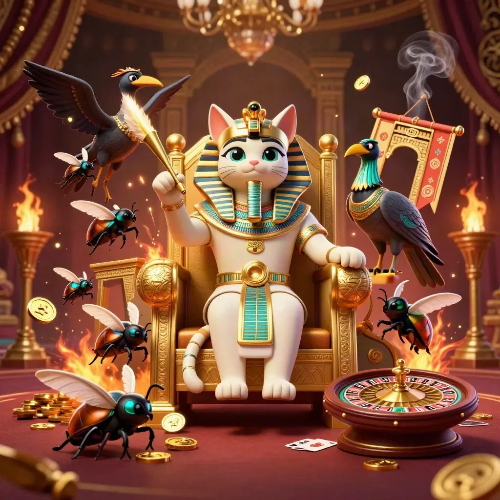 Pharaoh cat, ibis scribe, and gem-winged scarabs in a torch-lit casino throne room.