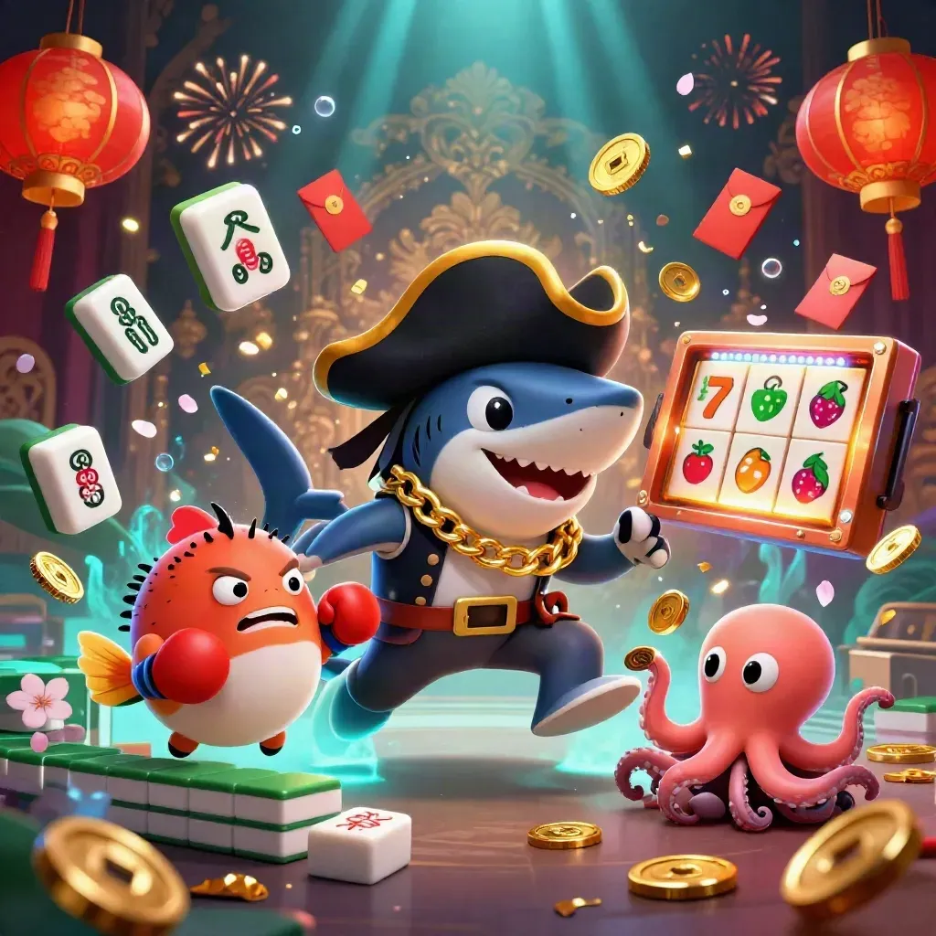 Shark pirate, boxing pufferfish, and coin-juggling octopus amid casino treasure and neon glow.