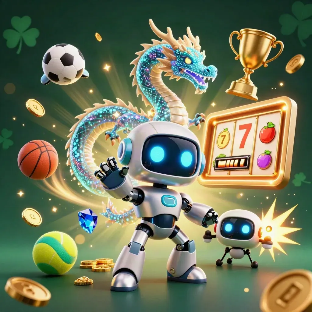 Robot mascot, holographic dragon, and coin drone bursting with casino gems and sports balls.