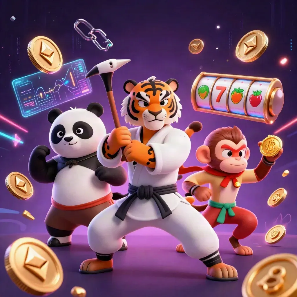 Kung-fu tiger, panda, and monkey exploding with casino coins and neon energy.