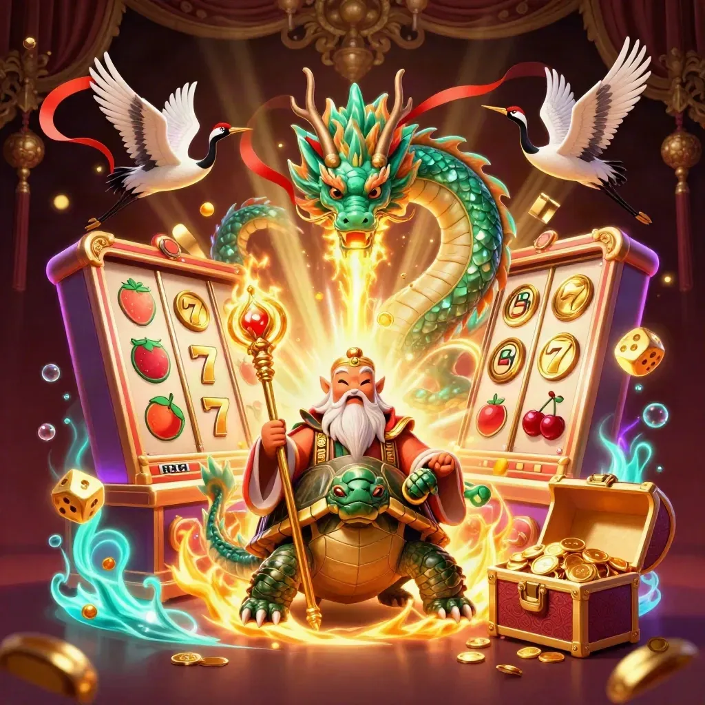Jade dragon, turtle sage, and cranes amid casino gold, gems, and glowing slot bursts.