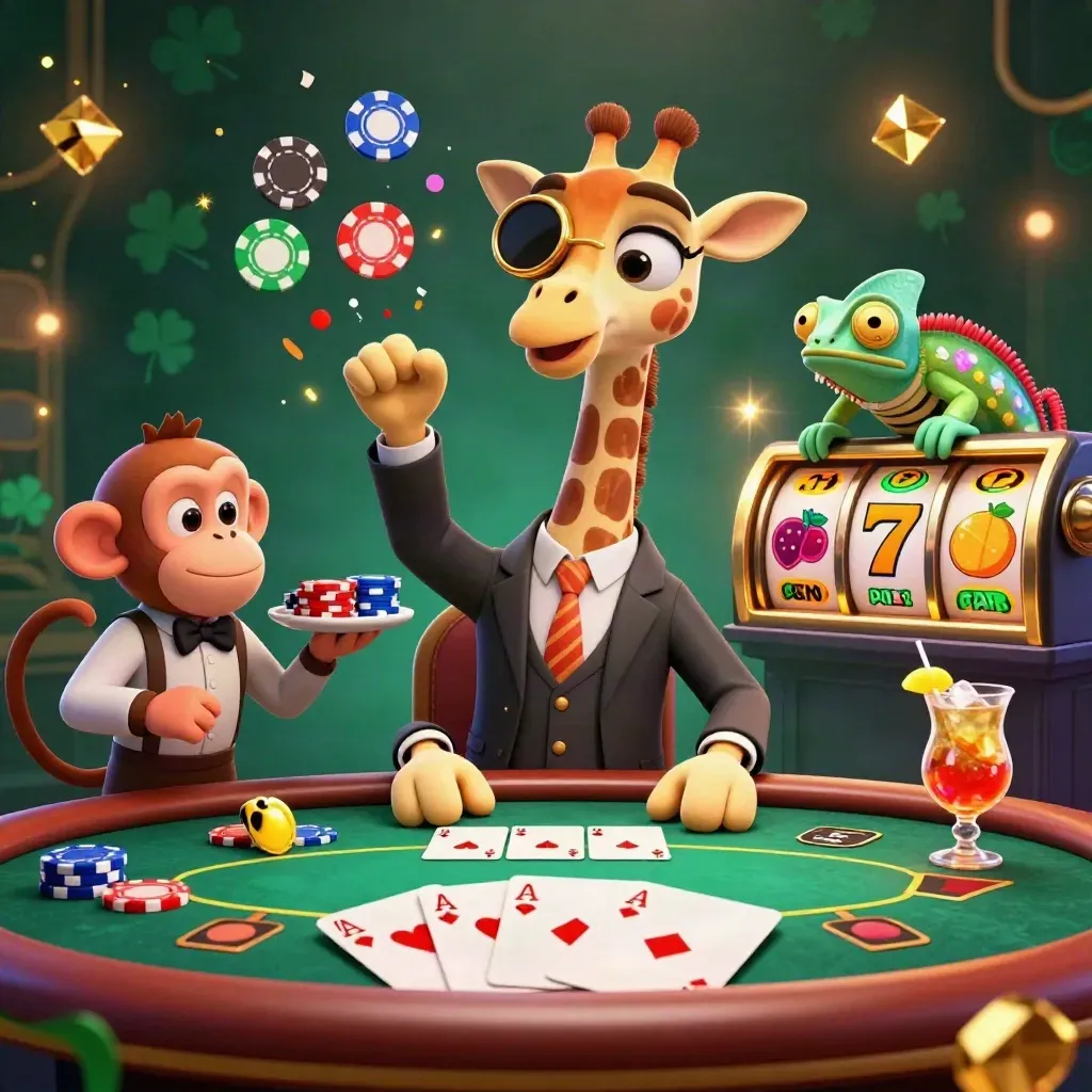 Cartoon giraffe, monkey valet, and chameleon bartender at a glowing VIP poker table.
