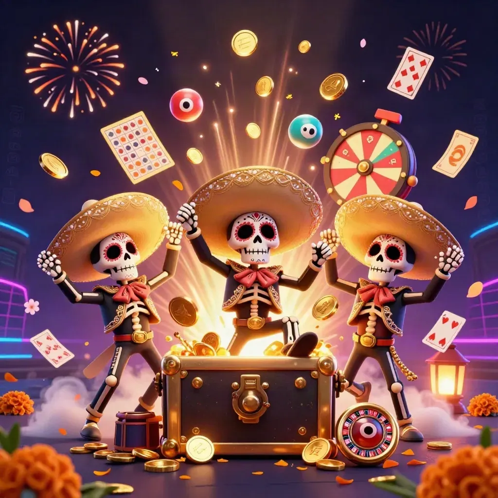 Day-of-the-Dead skeleton mariachi trio amid casino treasure, coins, fireworks, and neon glow