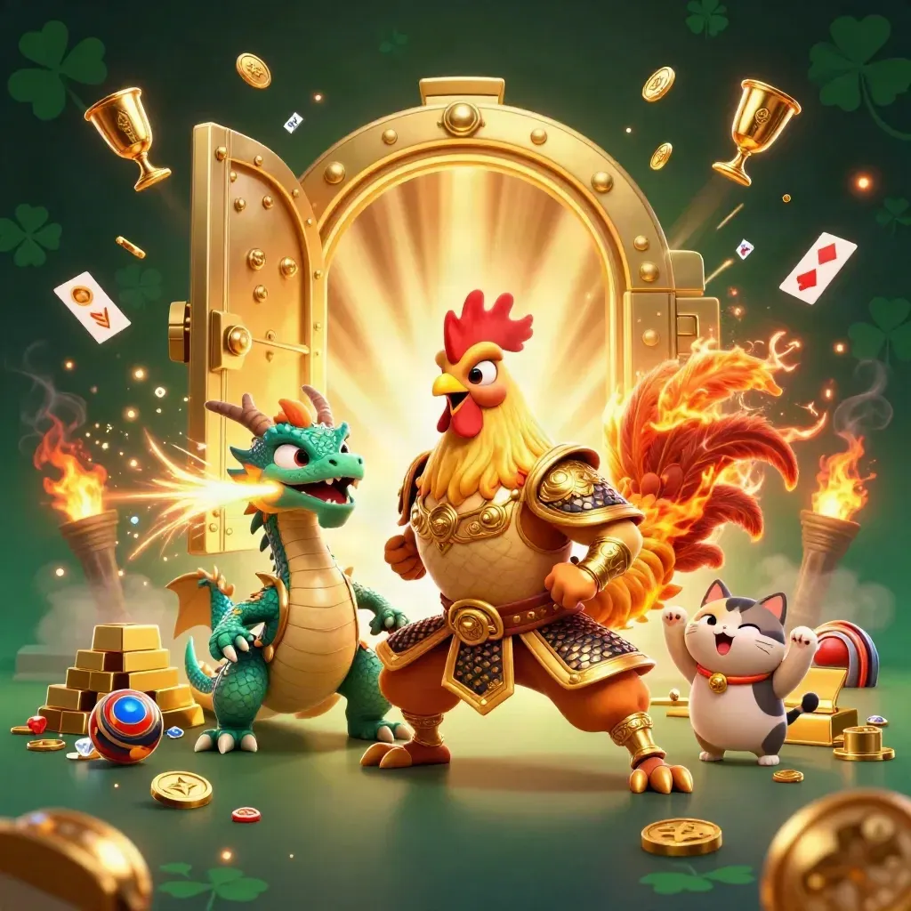Rooster warrior, dragon hatchling, and fortune cat burst from a vault amid gold and fireworks.