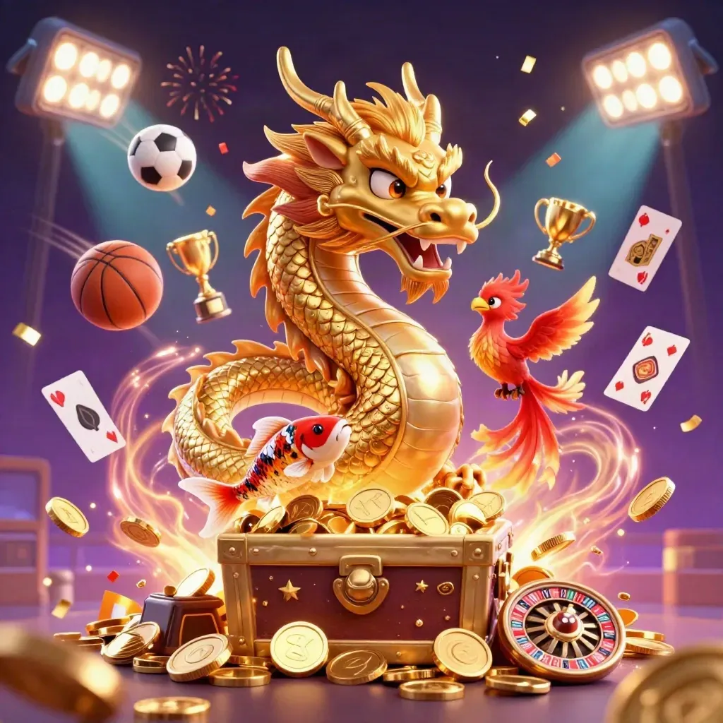 Dragon, phoenix, koi, coins, sports balls, fireworks and treasure explode in a dark casino sky.
