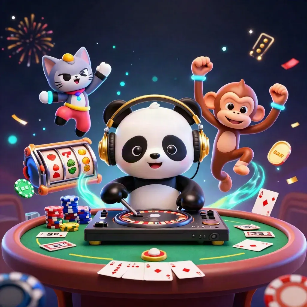 DJ panda, dancing monkey and rave kitten amid casino chips, cards and neon swirls.