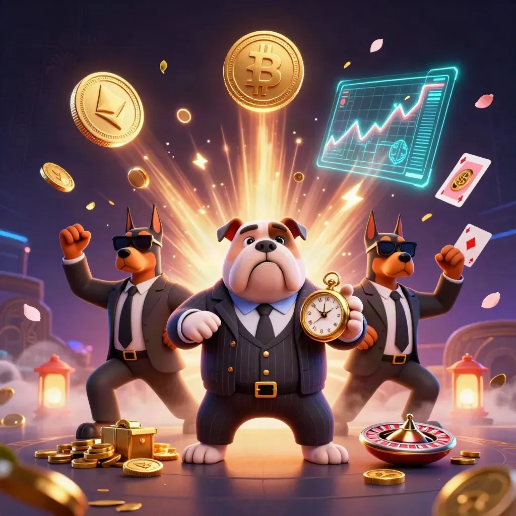 Bulldog boss and Doberman guards burst from a treasure vault with coins, neon tech, and fireworks.