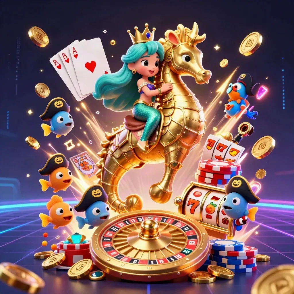 Mermaid princess on a gold seahorse, casino treasures and neon effects exploding in a dark grid.