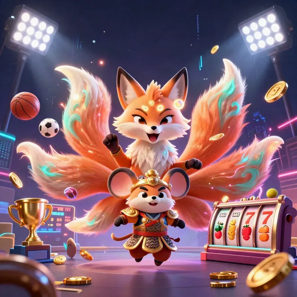 Nine-tailed fox spirit and samurai mouse amid casino lights, reels, balls, coins, and neon effects.