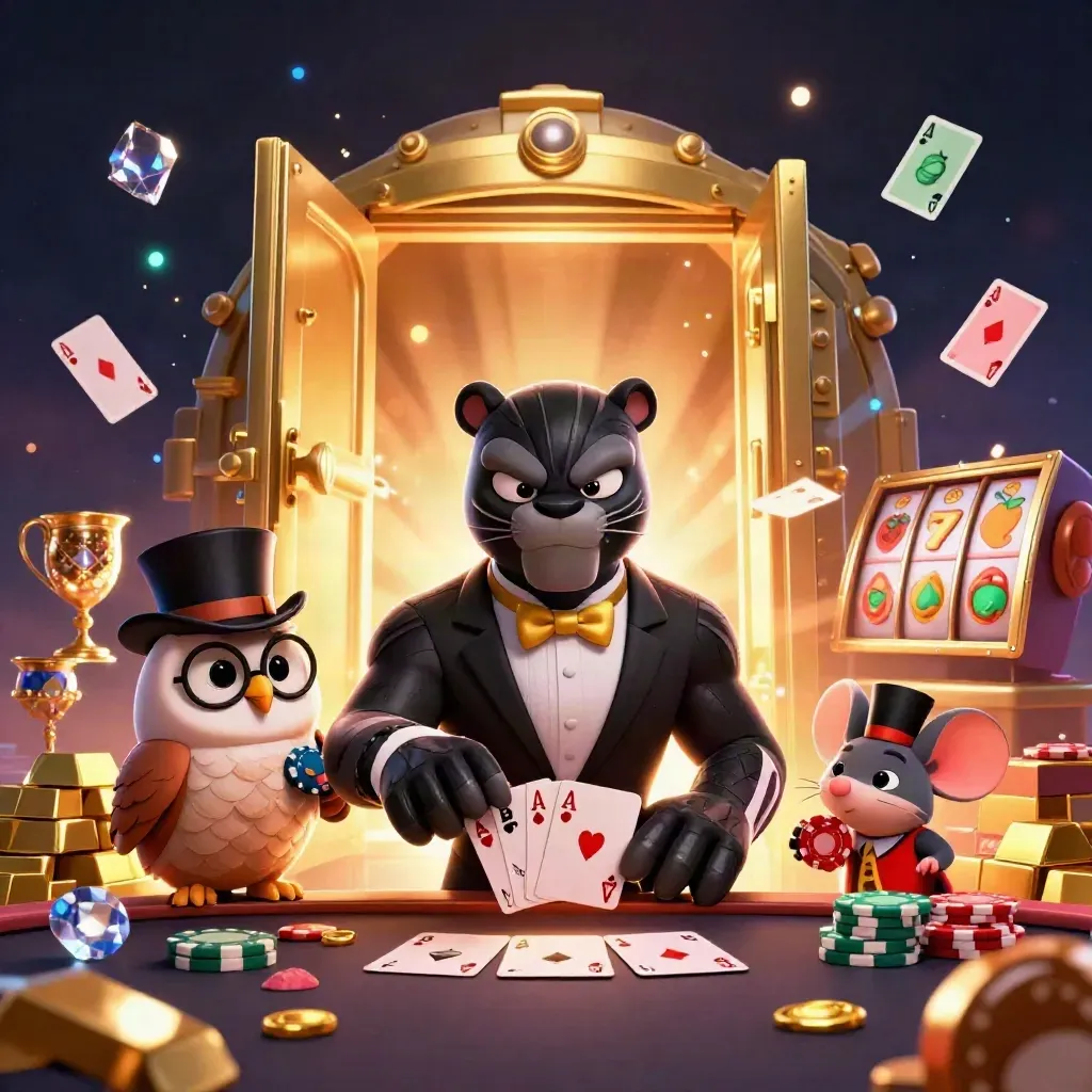 Panther, owl, and mouse casino heroes burst from a vault in teal, coral, and ivory light.
