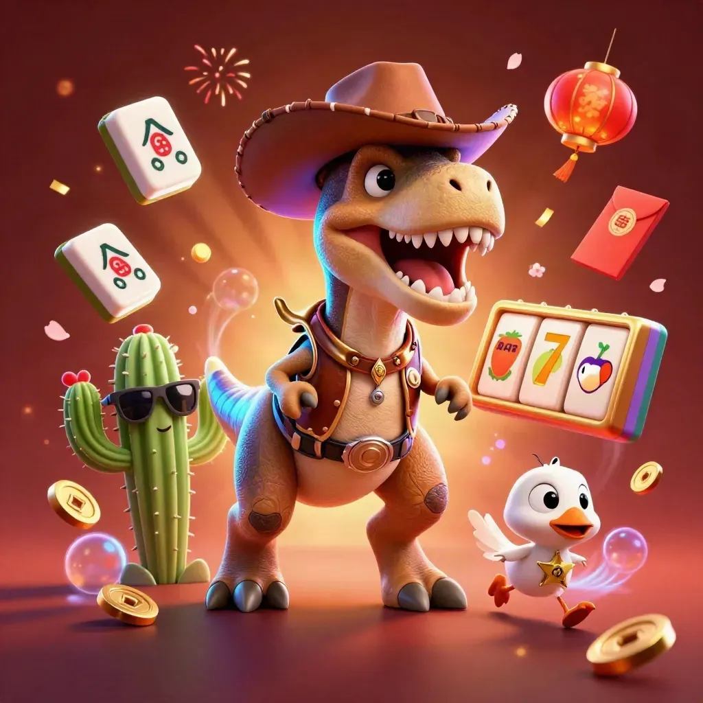 Cowboy T-Rex, cactus sidekick, and sheriff roadrunner amid casino symbols in a glowing crimson scene.